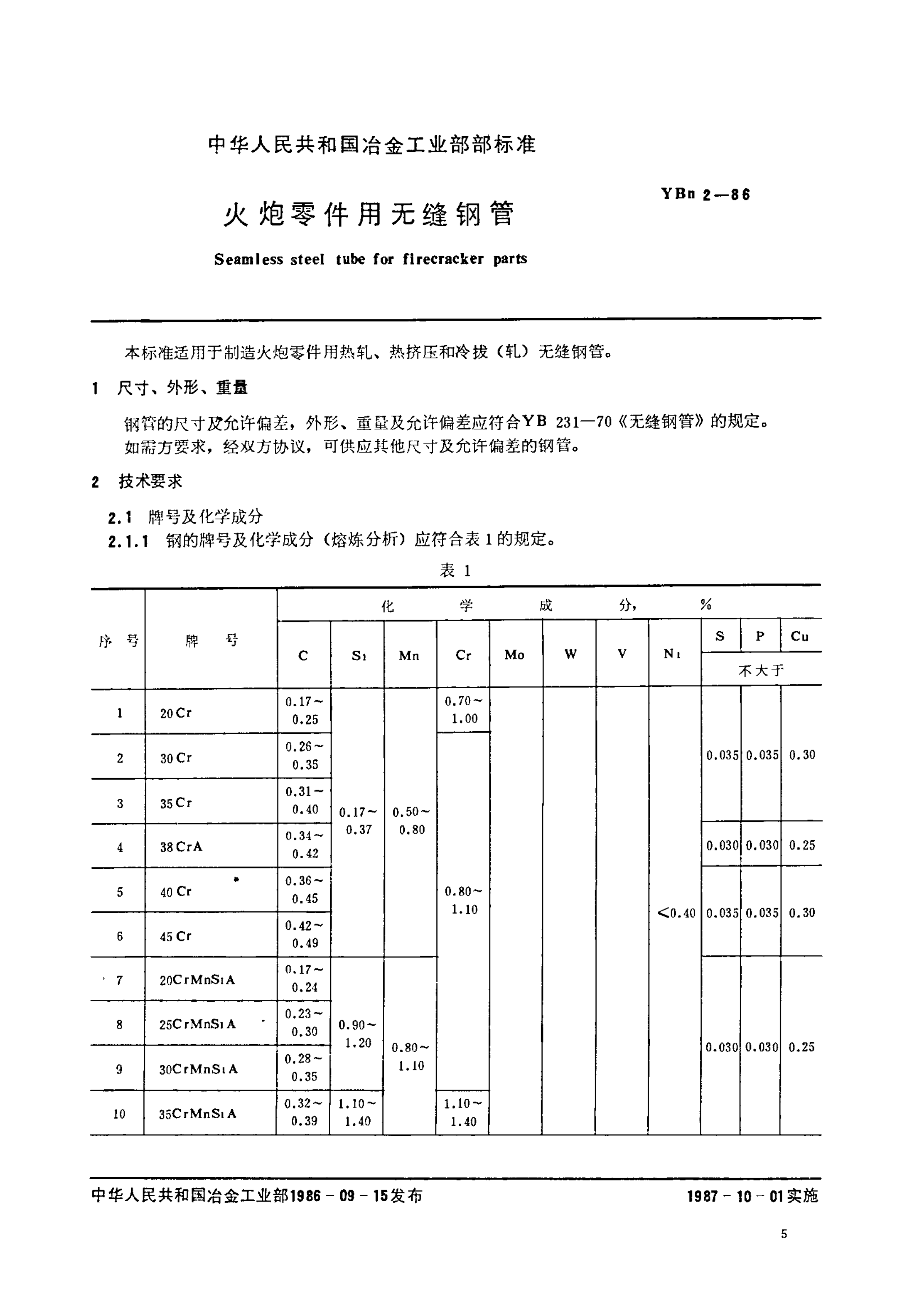 YBn 2-1986 火炮零件用无缝钢管